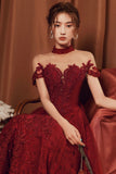 Burgundy tulle beads long A line prom dress evening dress HZ1023