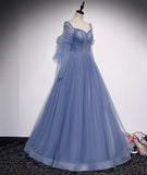 Blue tulle long prom dress simple evening dress HZ1023