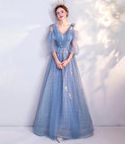 Blue v neck tulle long prom dress A line evening dress HZ1023