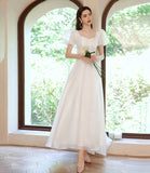 White tulle tea length prom dress white evening dress HZ1023