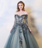 Blue lace long A line prom dress evening dress HZ1023