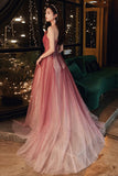 Shiny tulle sequins long prom dress A line evening dress HZ1023