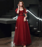 Burgundy tulle long prom dress evening dress HZ1023