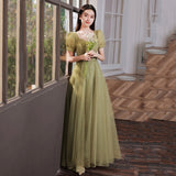 Green tulle beads long prom dress A line evening dress HZ1023