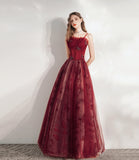 Burgundy tulle long A line prm dress evening dress HZ1023