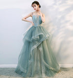Green tulle lace long prom dress evening gown HZ1023