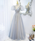 Gray tulle beads long prom dress A line evening gown HZ1023