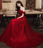 Burgundy tulle beads long prom dress one shoulder evening dress HZ1023