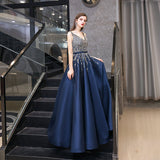 High quality v neck beads long prom dress blue evening dress HZ1023