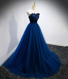Blue velvet tulle long prom dress blue evening gown HZ1023