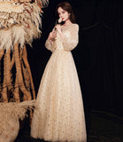 Stylish tulle sequins prom dress long sleeve evening dress HZ1023