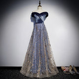 Blue velvet tulle long prom dress blue evening dress HZ1023