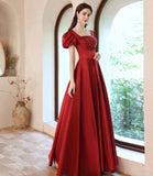 Burgundy satin long A line prom dress evening dress HZ1023