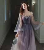 Purple tulle lace long prom dress purple evening dress HZ1023