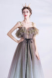 Gray green tulle sequins long prom dress evening dress HZ1023