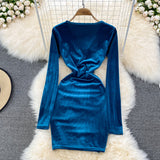 Sexy V Neck Velvet Long Sleeve Dress Fashion Dress HZ1023