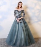 Blue lace long A line prom dress evening dress HZ1023