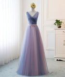 Blue v neck tulle long prom dress evening dress HZ1023