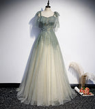 Green tulle sequins long prom dress evening gown HZ1023