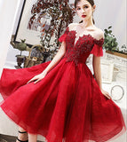 Burgundy lace short prom dress party dress HZ1023