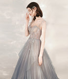 Cute tulle beads long prom dress A line formal dress HZ1023
