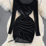 Black Velvet Long Sleeve Dress Sexy Dress HZ1023