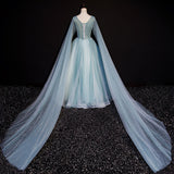 Blue tulle lace long prom dress blue evening dress HZ1023