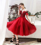 Burgundy lace short prom dress party dress HZ1023