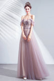 Cute tulle applique long A line prom dress evening dress HZ1023