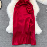 V-neck slim slim acetate Satin pleated split dress dress HZ1023