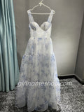 Blue white beautiful charming floral print sweetheart neckline A-line long chiffon ball gown evening dress wedding holiday party dress HZ1023