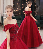 Burgundy tulle lace long prom dress A line evening gown HZ1023