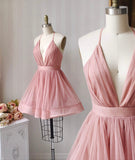 Pink v neck tulle short prom dress party dress HZ1023