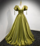Green v neck tulle long prom dress A line evening dress HZ1023