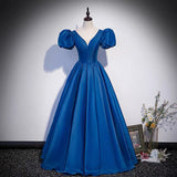 Blue saitn long prom dress A line evening gown HZ1023