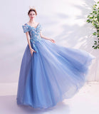 Blue tulle lace long prom dress A line formal dresses HZ1023