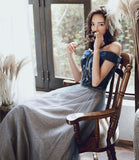 Blue velvet tulle long prom dress evening gown HZ1023