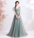 Elegant v neck lace long prom dress evening dress HZ1023