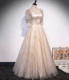 Champagne tulle sequins long prom dress A line evening gown HZ1023