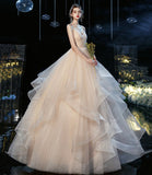 Champagne tulle long prom dress A line evening gown HZ1023