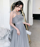 Gray tulle sequins long prom dress party dress HZ1023