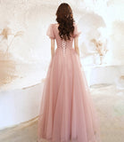 Cute tulle long prom dress pink A line evening dress HZ1023