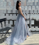 Blue tulle beads long prom dress blue evening dress HZ1023