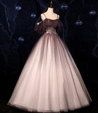 Brown Delicate Floral Applique Fashion A-Line Long Tulle Ball Gown Evening Dress HZ1023
