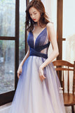 Stylish v neck tulle long A line prom dress blue evening dress HZ1023