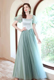 Green satin tulle long prom dress green evening dress HZ1023