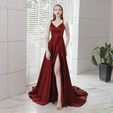 Burgundy satin long prom dress HZ1023