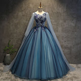 Blue tulle lace long ball gown dress blue evening gown HZ1023