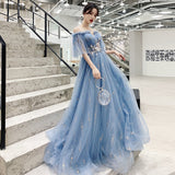 Blue tulle sequins long prom dress evening dress HZ1023