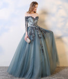 Blue lace long A line prom dress evening dress HZ1023